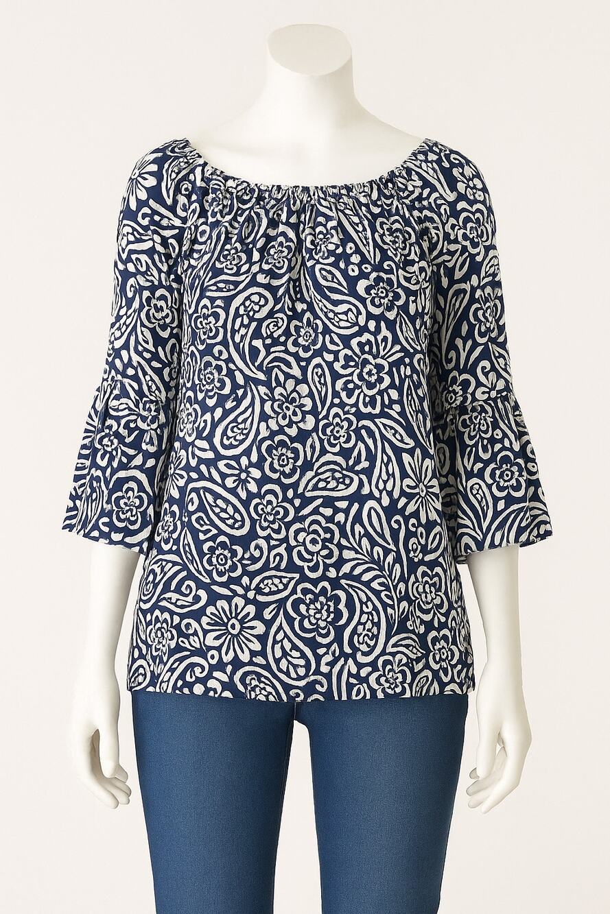Floral & Ivy Women’s XL Navy White Paisley Floral Tunic Top 3/4 Bell Sleeve Boho